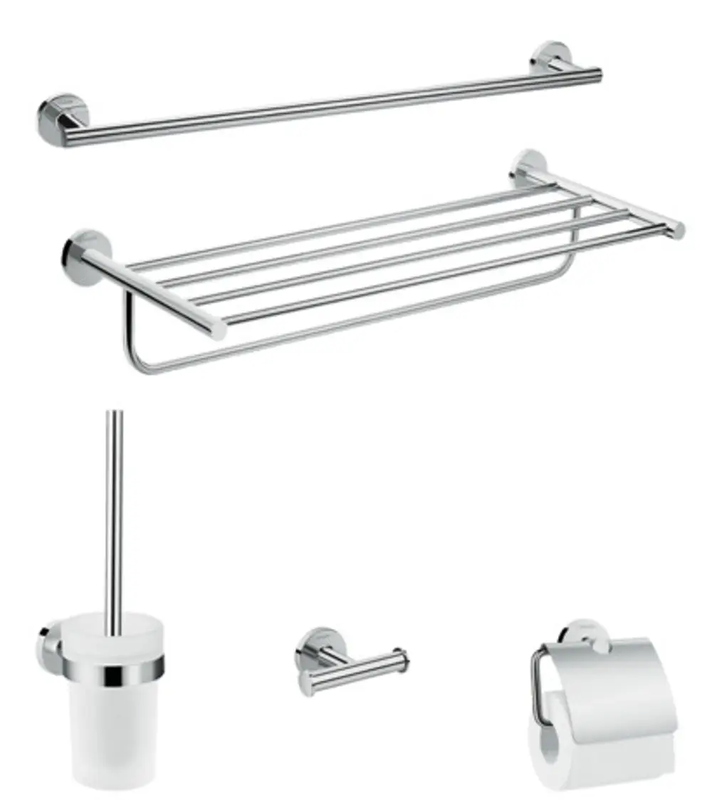 Hansgrohe Bad-Accessoire Set mit mehreren chromfarbenen Elementen, darunter Handtuchhalter, Regal, Toilettenpapierhalter, Bürstengarnitur und Handtuchring.